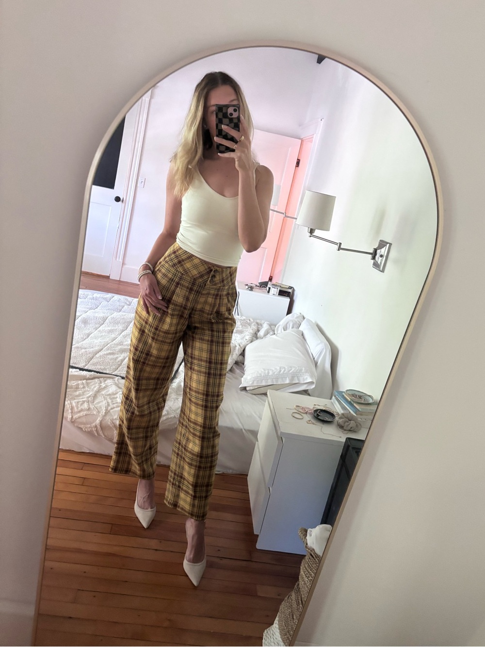Anthropologie Tartan Mustard Yellow Plaid Flare Pants XS Button Front Trousers